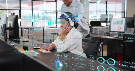 Typing headset-wearing woman in business blouse using keyboard viewing screens at desk with AR data....