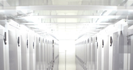 Image of data processing over tech room with computer servers. global technology data processing...