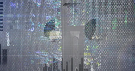 Displaying central hexagonal mesh in studio, showing bar charts, bell curve, ruler ticks, U-panel....