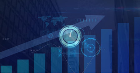 Image of data processing over clock and cityscape. global business and digital interface concept...