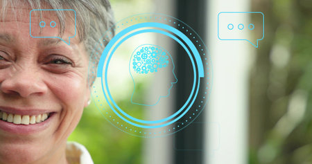 Smiling mature woman wearing light collared top near glass window, showing blue overlay, copy space....