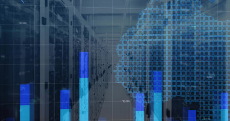 Extending server rack aisle receding into distance at data center, with translucent bars overlay....