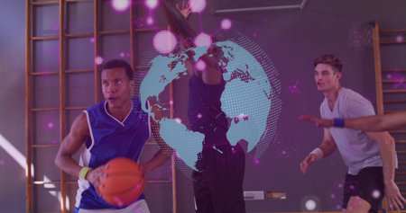 Dribbling blue holding orange basketball in gym, dark defender jumping, gray leaning under VR globe....