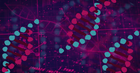 Displaying three stylized DNA helices floating in lab visualization, with teal magenta markers....