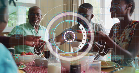 Sharing family members in casualwear passing dishes at dining table, with HUD overlay and milk....