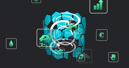 Showing teal hex mosaic pulsing under white rings on dark dashboard, water, euro, chart, bolt icons....