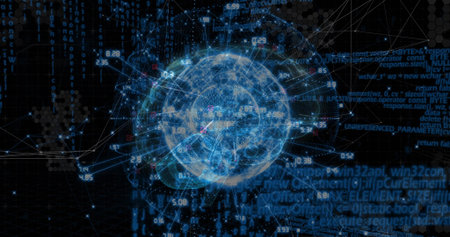 Pulsing blue data sphere linking nodes, displaying numeric labels and code fragments over hex grid....