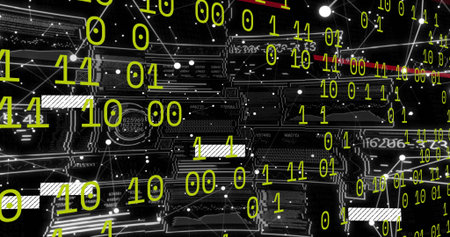 Floating yellow-green binary digits overlaying dark PCB close-up, linking microchips, traces, nodes....