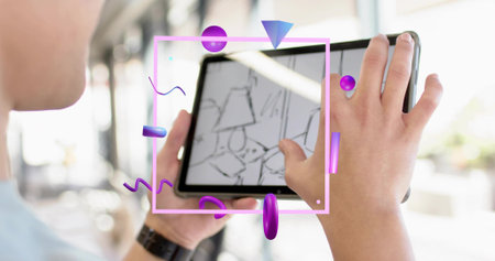 Holding tablet, man wearing blue shirt tapping screen on train, with AR overlay and interior sketch....