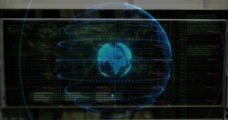 Projecting holographic blue dotted globe rotating above command console, with data wall readouts....