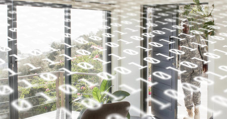Standing soldier in camo uniform and cap at doorway viewing living room, binary overlay, copy space....