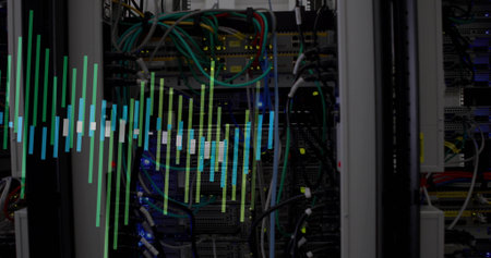 Showing open server rack with network switches, Ethernet cables in server room, waveform overlay....