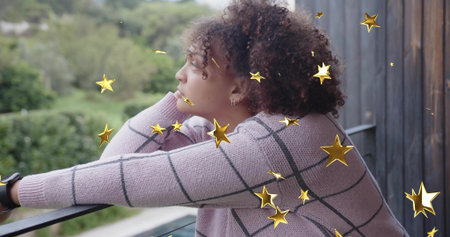 Leaning woman in purple grid sweater, resting on balcony railing, gazing left with gold stars....