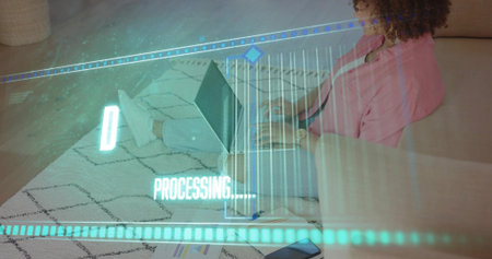 Working woman pink top using laptop on couch, phone-note-pen on rug PROCESSING overlay, copy space....