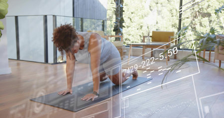 Woman doing kneeling plank on mat in living room, wearing gray tank, smartwatch and AR overlays....