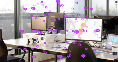 Showing 3-screen desk with seahorse on right monitor in office, VR headset resting, purple overlay....