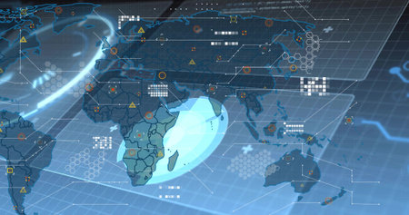 Showing digital map highlighting Africa with glowing elliptical spotlight on HUD, with nodes....