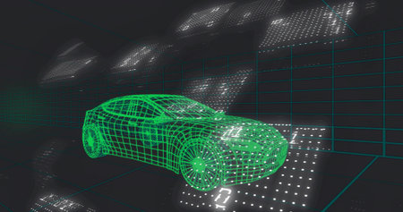 Showing neon green wireframe sedan rotating in digital studio, with teal grids and white dots. Car,...