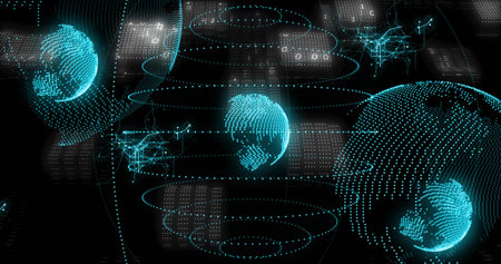 Rotating large holo dotted globe on right, hovering in data space with concentric rings, dot-grids....