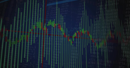 Displaying financial chart centered on dashboard with green bars, candlesticks and red-green line....