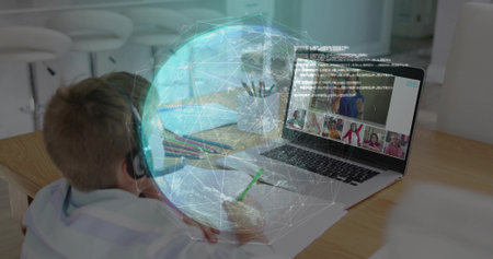 Writing child striped shirt headset with green pencil at wooden table, laptop hologram, copy space....