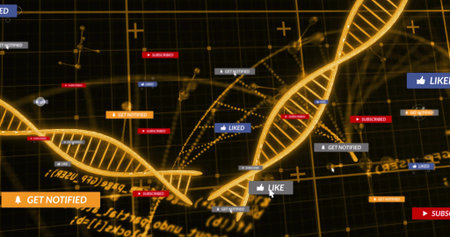 Glowing golden DNA double-helix strands threading across dark grid, displaying badges, cursor....
