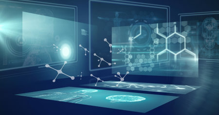 Image of molecules and data processing over digital screens. global science, medicine, technology...