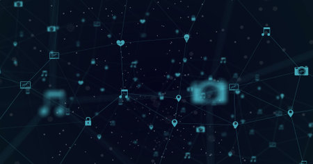 Image of network of connections with icons. global connections, networks and data processing concept...