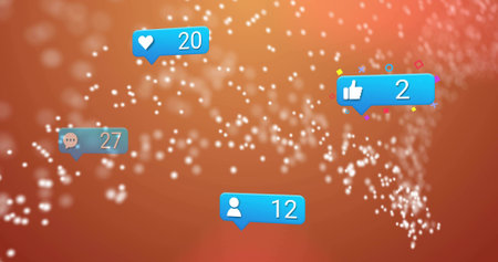 Floating social bubbles showing heart20 comment27 user12 like2 on orange-red gradient, bokeh swirl....