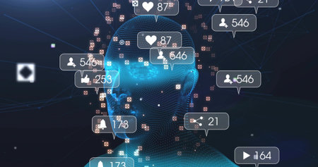 Floating blue wireframe head glowing and showing alert bubbles in virtual cyberspace with red nodes....