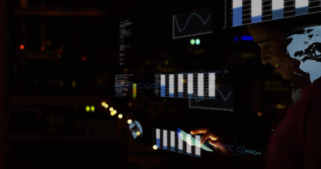 Interacting woman in dark jacket touching phone, using hologram charts at dim workspace, copy space....