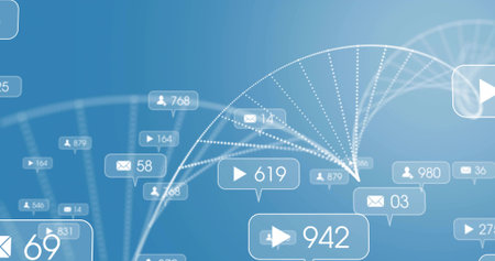 Displaying dotted helix cluster over blue gradient showing bubbles with play mail user counts....