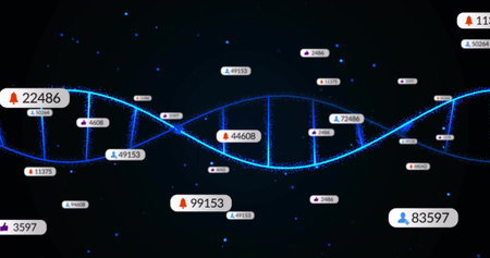 Animating blue double helix across dark dashboard, with rungs, particle points and numeric badges....