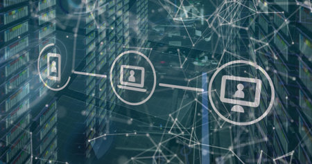 Image of network of connections, data processing over computer servers. global computing, digital...