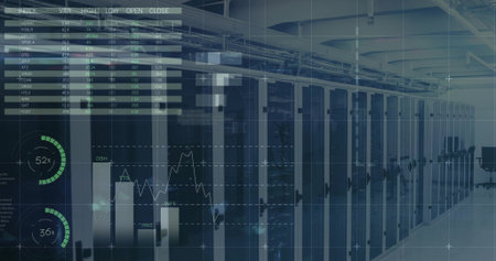 Extending rows of glass-front server racks drawing eye down data center aisle, showing HUD overlays....