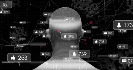 Displaying centered point cloud head glowing and linking in cyberspace, with notification badges....