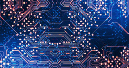 Image of light trails moving over computer circuit board. global computing and data processing...