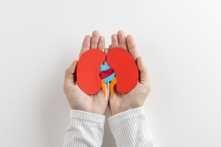 Composition of hands holding kidneys on white background with copy space. Medical services,...