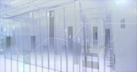 Glowing glass-front server cabinets reflecting charts in data center corridor, with cabling....