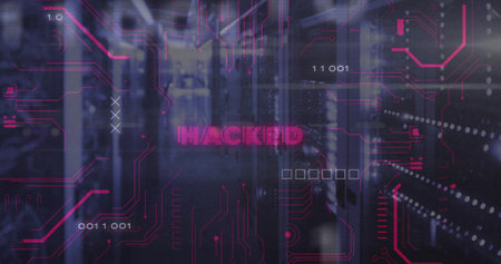 Glowing magenta text overlaying data center corridor, showing server racks and cables....