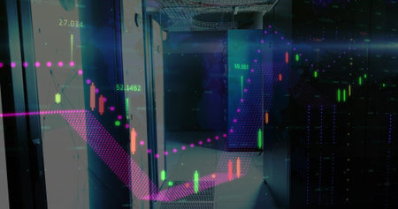 Showing server racks displaying candlestick charts in data center corridor, with magenta trendline....