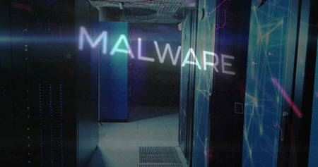 Displaying holographic MALWARE over data center aisle, showing server racks, vent, cable trays....