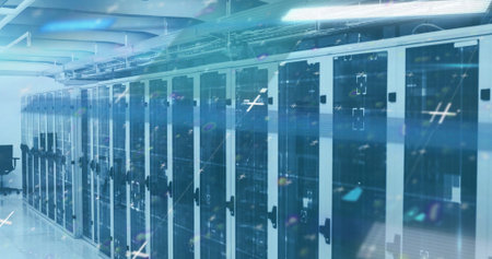 Image of lines flickering and markers moving over computer servers in background. Digital interface...