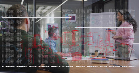 Presenting woman wearing pink sweater patterned pants in meeting room with data overlay, copy space....