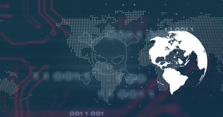 Overlaying skull icon covering dotted world map in cyber graphic, showing red circuit traces....
