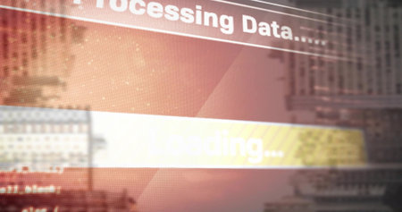 Displaying Loading... progress bar with Processing Data.... header over blurred skyline, pixel dots....