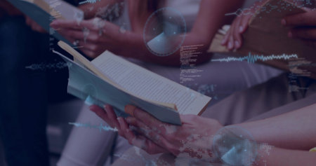 Holding open paperback book, peers in casual pants turning pages in lounge with data overlays....