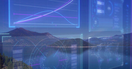 Displaying panoramic lake and mountain range at lakeshore, with HUD chart, radar gauge, map grid....