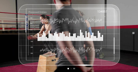 Jumping three athletes wearing sportswear on plyo box at gym near boxing ring, with HUD overlay....