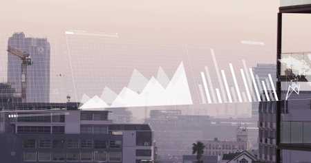 Displaying urban skyline showing data overlay from glass balcony, featuring crane and palm tree....